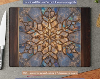 Beautiful Holiday Glass Cutting Board, Opal Mosaic Snowflake Kitchen Décor, Christmas Hostess Gift Serving Board Winter Housewarming Gift