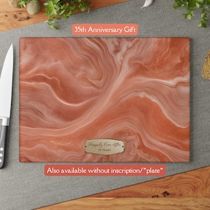 Planche à découper et de service en verre marbré couleur corail, cadeau 35e anniversaire de mariage 35e anniversaire corail, cadeau 35 ans pour femme