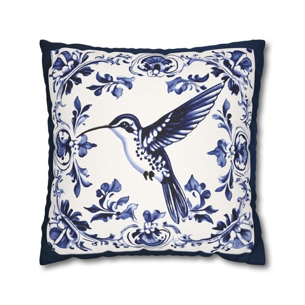 Beautiful Delft Blue style Hummingbird Print Square Pillow Case (four sizes available) Dutch Delft Blue Decor Floral Blue White Throw Accent