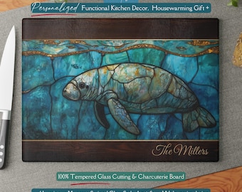 Personalized Manatee *Glass* Cutting Board, Ocean Stained Glass Inspired Charcuterie, Coastal Kitchen, Ocean Life Gift, Manatee Gifts