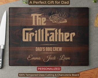 Personalized Grillfather *Glass* Cutting Board, Funny Father's Day Gift for Dad, Custom BBQ Board with Kids Names, Grill Master Gift