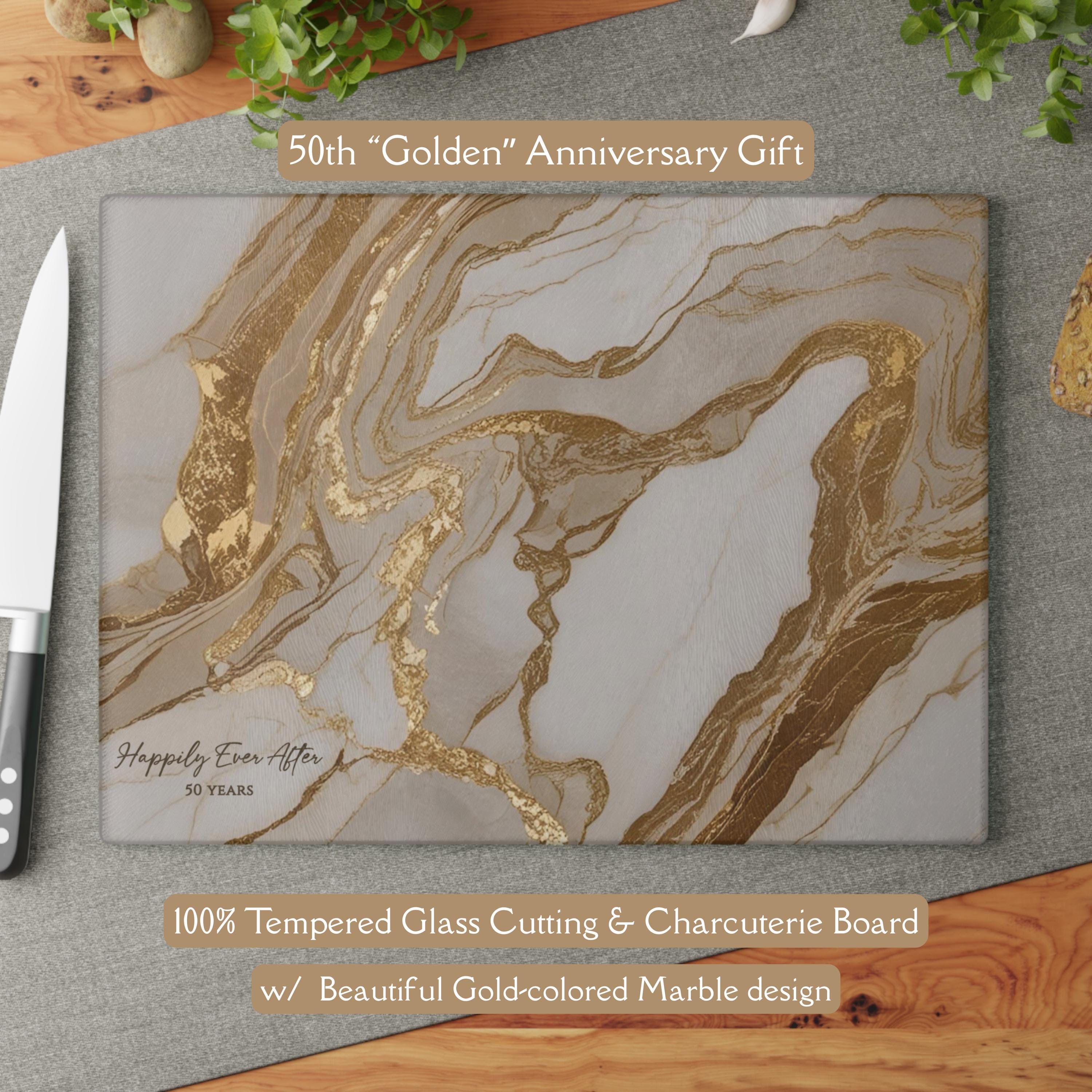 50th Anniversary Gold & Cream Marble-design *Glass* Cutting Board, Charcuterie Board Faux Marble Glass Cutting and Serving Board Cheeseboard