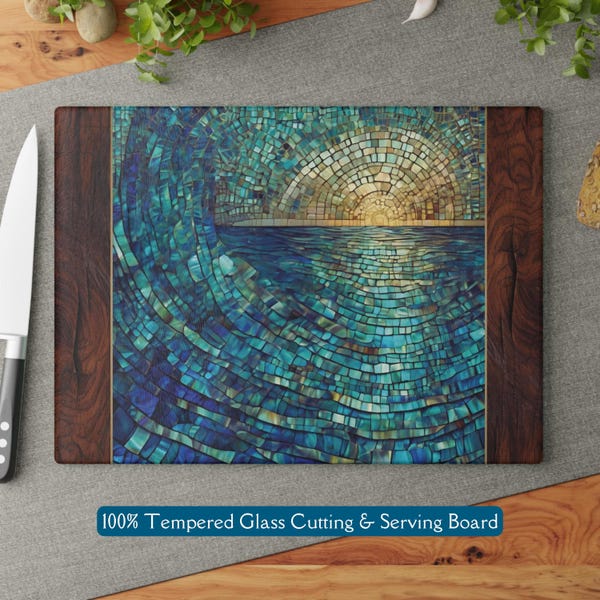 Beautiful Abstract Ocean Waves Teal Mosaic Tile-design Glass Cutting & Serving Board Aqua Blues Faux Stained Glass Cutting Board Charcuterie