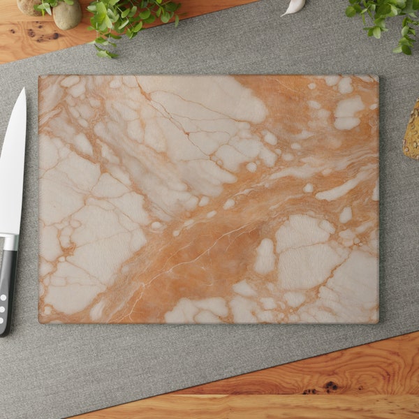 Fresh Orange and Ivory Marble-Design Glass Cutting Board Charcuterie Housewarming Faux Marble Sunset Orange Cheeseboard Serving Tray
