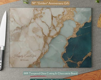 50th Anniversary Gold & Teal Marble-design *Glass* Cutting Board, 50 Years Charcuterie Board Faux Marble 50th Gift Serving Tray Cheeseboard
