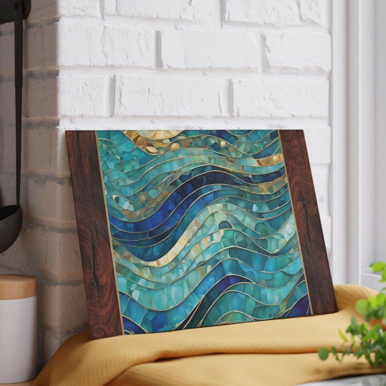 Beautiful Abstract Ocean Waves Teal Mosaic Tile-design Cutting & Serving Board, Aqua Blues Stained Glass Cutting Board, Charcuterie Serving