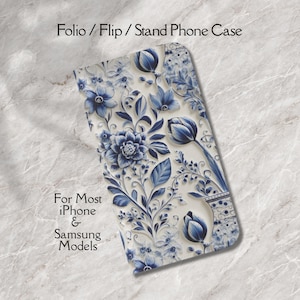 Delft Blue Floral Phone Case Wallet, Folio Flip Cover for iPhone & Samsung, Faux Leather Case with Card Slots, Wallet Case, Gift for Mom