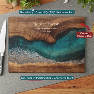 Retirement Gift Glass Cutting Board, Personalized Retirement Gift, Teal Ocean Coastal Kitchen Decor, New Chapter Gift, Beach Retirement Gift Bild 1