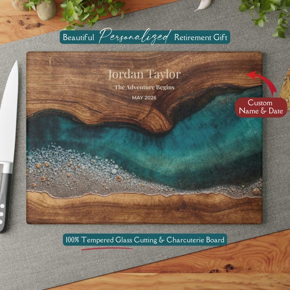 Retirement Gift Glass Cutting Board, Personalized Retirement Gift, Teal Ocean Coastal Kitchen Decor, New Chapter Gift, Beach Retirement Gift