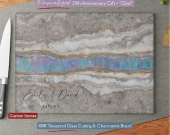 Beautiful Personalized 24th Anniversary Gift, Opal Inspired *Glass* Cutting Board, 24 Year Wedding Keepsake Opal Year Gift Faux Marble