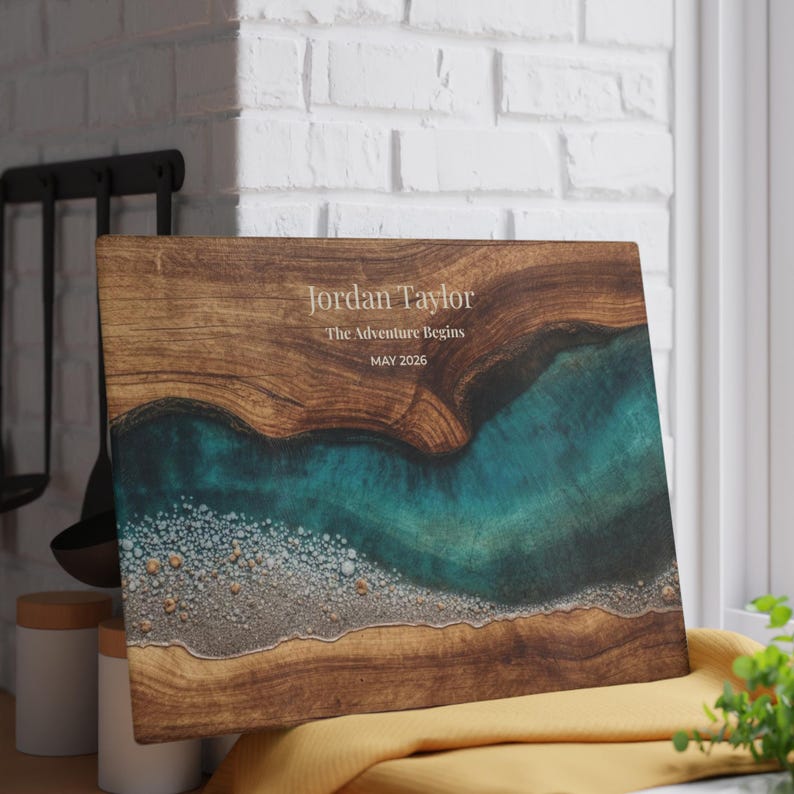 Retirement Gift Glass Cutting Board, Personalized Retirement Gift, Teal Ocean Coastal Kitchen Decor, New Chapter Gift, Beach Retirement Gift Bild 7