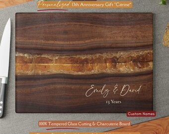Beautiful 13th "Citrine" Anniversary Gift, Personalized Name Citrine *Glass* Cutting Board, Charcuterie Tray Citrine 13 Years Cheeseboard