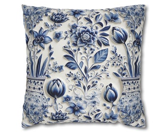 Beautiful Delft Blue design Square Pillow Case (four sizes available) | Dutch Delft Blue Decor Tulip Blue White Throw Pillow Accent Floral