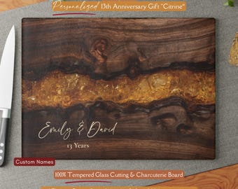 Beautiful 13th "Citrine" Anniversary Gift, Personalized Name Citrine *Glass* Cutting Board, Charcuterie Tray Citrine 13 Years Cheeseboard