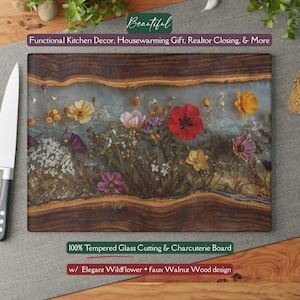May include: A rectangular charcuterie board with a faux walnut wood design and a tempered glass surface. The board features a display of colorful wildflowers. Text on the board reads "100% Tempered Glass Cutting & Charcuterie Board".