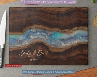 Beautiful Personalized 24th Anniversary Gift, Opal Inspired *Glass* Cutting Board, 24 Year Wedding Keepsake Opal Year Gift Faux Wood