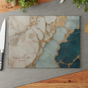 50th Anniversary Gold & Teal Marble-design *Glass* Cutting Board, 50 Years Charcuterie Board Faux Marble 50th Gift Serving Tray Cheeseboard image 8
