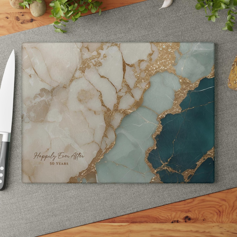 50th Anniversary Gold & Teal Marble-design *Glass* Cutting Board, 50 Years Charcuterie Board Faux Marble 50th Gift Serving Tray Cheeseboard image 8