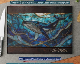 Personalized Humpback Whale *Glass* Cutting Board, Ocean Stained Glass Inspired Charcuterie, Coastal Kitchen, Whale Lover Gift, Ocean Wave