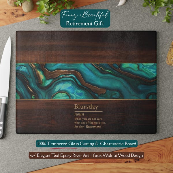 Funny Retirement Gift, Corporate Retirement *Glass* Cutting Board, Employee Recognition Wood Teal Marble Employee Service Appreciation Gift