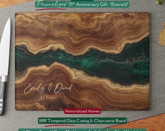 Beautiful Personalized 55th Anniversary Gift, Emerald Inspired *Glass* Cutting Board, 55 Year Wedding Keepsake Emerald Year Gift Faux Wood