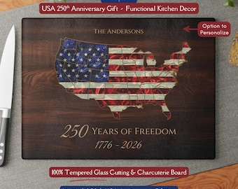 USA 250th Anniversary *Glass* Cutting Board, 1776-2026 Patriotic Charcuterie Board Personalized Family Name Kitchen Gift American Flag Decor