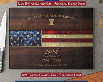 Personalized 250th Anniversary *Glass* Cutting Board, USA Patriotic Gift American Flag Kitchen Décor 1776-2026 Liberty Bell Custom Name Gift