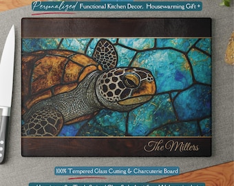 Personalized Sea Turtle *Glass* Cutting Board, Ocean Stained Glass Inspired Charcuterie, Coastal Kitchen, Turtle Lover Gift, Ocean Wave