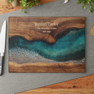 Retirement Gift Glass Cutting Board, Personalized Retirement Gift, Teal Ocean Coastal Kitchen Decor, New Chapter Gift, Beach Retirement Gift Bild 11