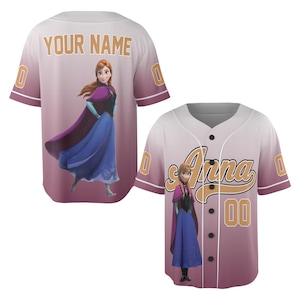 May include: A baseball jersey with a white, pink, and purple gradient design. The jersey features the name "Anna" and the number "00" on the front, and "YOUR NAME" on the back. A cartoon image of a character is on the front and back.