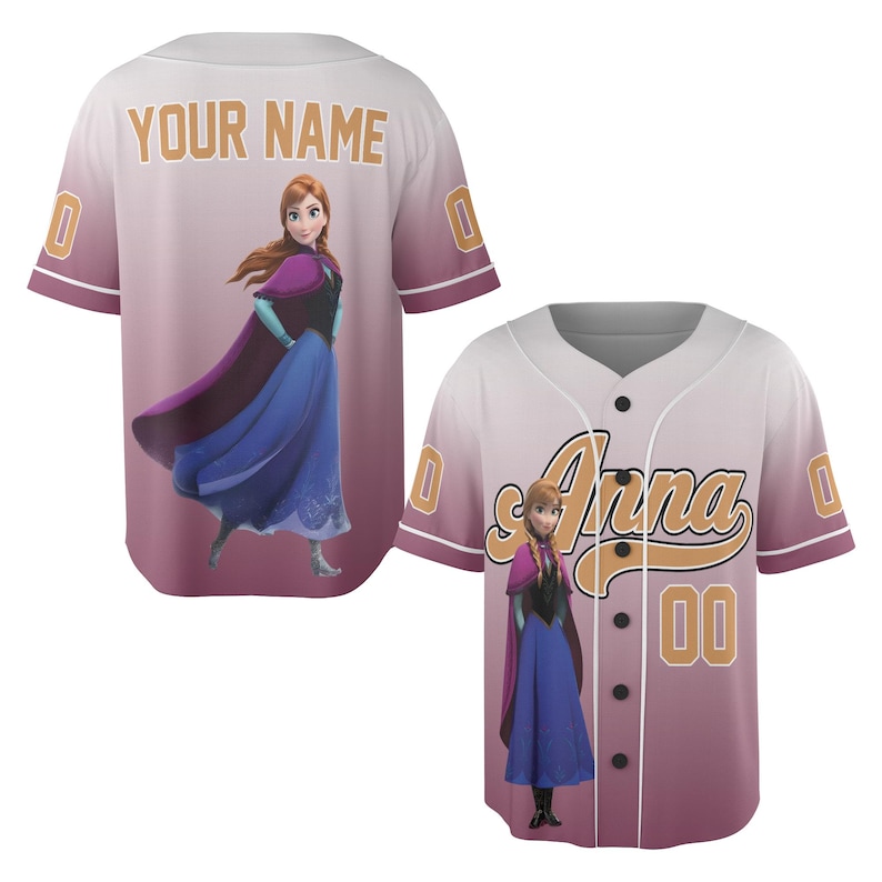 May include: A baseball jersey with a white, pink, and purple gradient design. The jersey features the name "Anna" and the number "00" on the front, and "YOUR NAME" on the back. A cartoon image of a character is on the front and back.