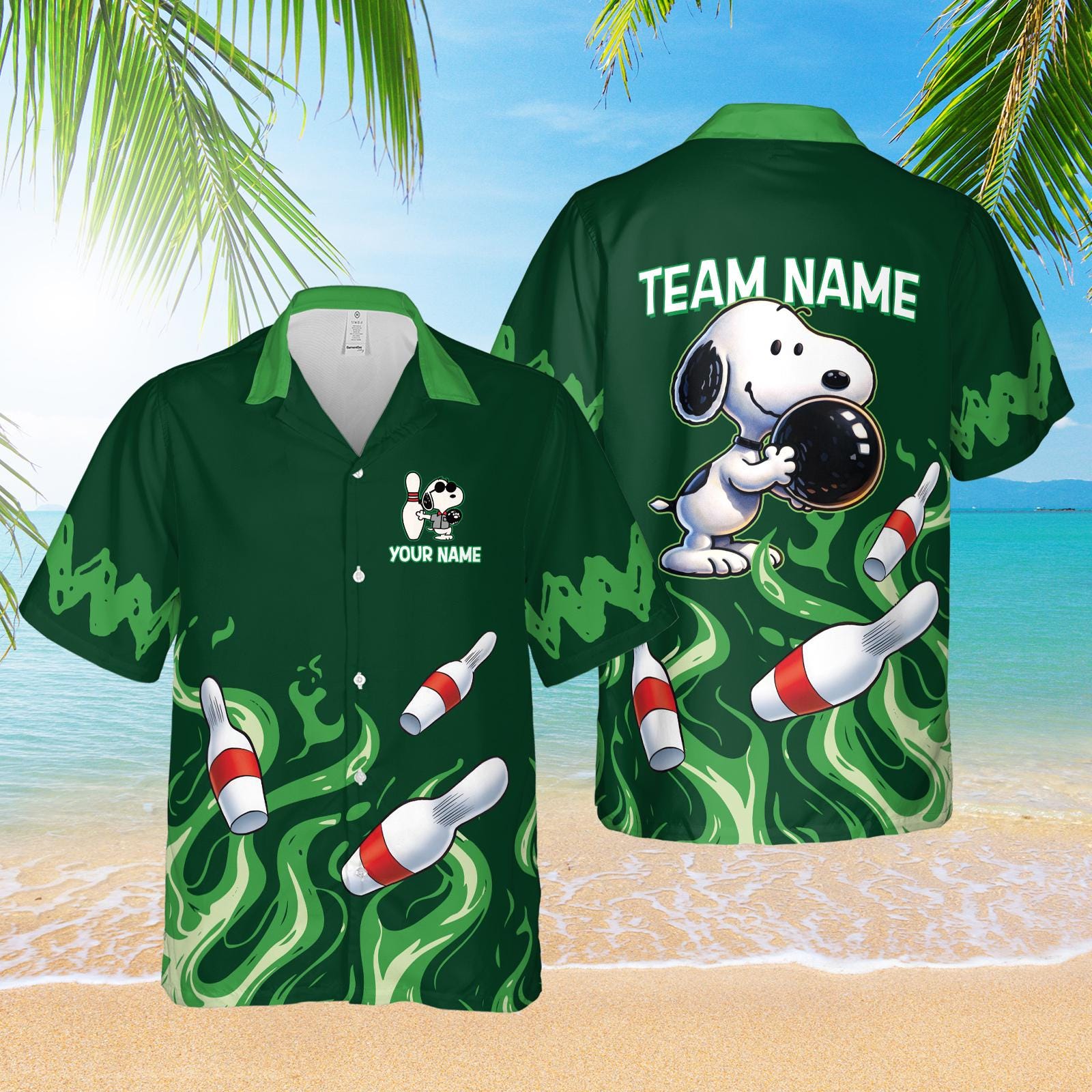 Discover Snoopyy Bowling Flame Hawaiian Shirt, Custom Name Cartoon Hawaii Shirt for Men Women Kids, Retro Summer Beach Shirt Gift for Snoop Fans