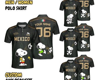 Personalized Snoopy Mexico Soccer Polo Shirt, Custom Name Football Polo for Men Women, Peanuts Mexico Fan Shirt, Family Vacation Gift