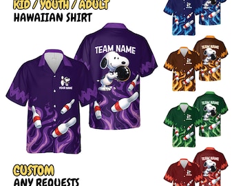 Snoopy Bowling Flame Hawaiian Shirt, Custom Name Cartoon Hawaii Shirt for Men Women Kids, Retro Summer Beach Shirt Gift for Snoopy Fans