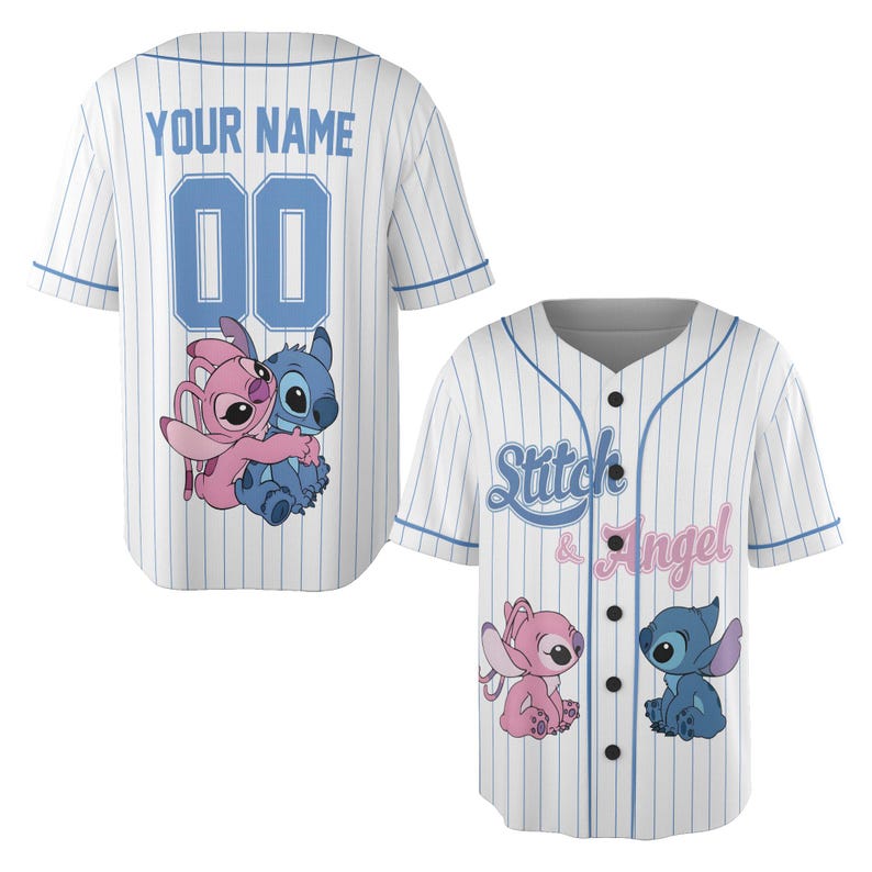May include: White baseball jersey with blue pinstripes and accents. The front features the text "Stitch & Angel" and cartoon characters. The back has the text "YOUR NAME" above the number "00" in blue.