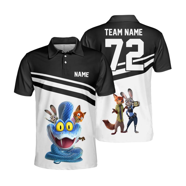 May include: A black and white polo shirt featuring a blue snake graphic on the front and cartoon characters on the back. The shirt includes text placeholders for NAME and TEAM NAME, along with the number 72 printed in large white font on the back.
