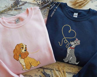 Felpa ricamata con simpatici spaghetti di Lilli e il Vagabondo, maglietta coordinata per San Valentino con coppia Disney, coppia Disneyland ricamata