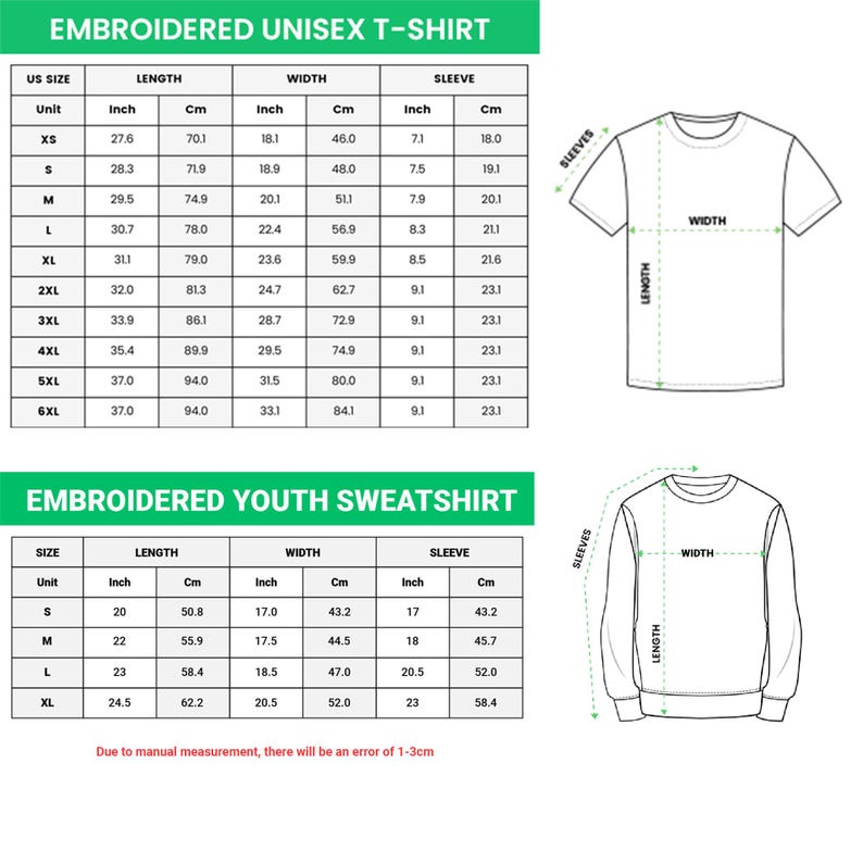 Puede incluir: Tablas de tallas detalladas para camisetas unisex y sudaderas juveniles bordadas. La tabla de camisetas incluye tallas XS a 6XL, con medidas en pulgadas y cm para largo, ancho y manga. La tabla de sudaderas incluye tallas S a XL.