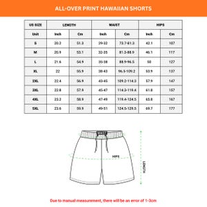 May include: Image shows a size chart for all-over print Hawaiian shorts. The chart includes US sizes, length in inches and centimeters, waist in inches and centimeters, and hips in inches and centimeters. A diagram of the shorts is also included.