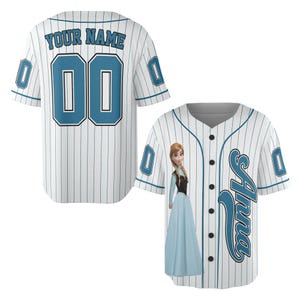 May include: White baseball jersey with blue pinstripes, featuring the name "YOUR NAME" and the number "00" on the back. The front displays the name "Anna" and an image of a character in a blue dress.
