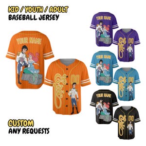 May include: Baseball jerseys in various colours, featuring cartoon characters and the text "YOUR NAME" and "Eric". The jerseys are orange, purple, blue, black, and black with gold stripes. The text "KID / YOUTH / ADULT BASEBALL JERSEY" and "CUSTOM ANY REQUESTS" are also visible.