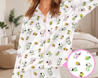 Snoopy Satin Pyjama Set für Frauen, niedliche Cartoon Nachtwäsche Kurz Langarm Pyjama Set, Woodstock Seidiger Pyjama Set, Geschenk für Sie
