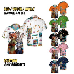 May include: Hawaiian shirts in various colors, featuring cartoon characters. The shirts have short sleeves and a button-down design. The image includes text that reads "Kid / Youth / Adult Hawaiian Set" and "Custom Any Requests."