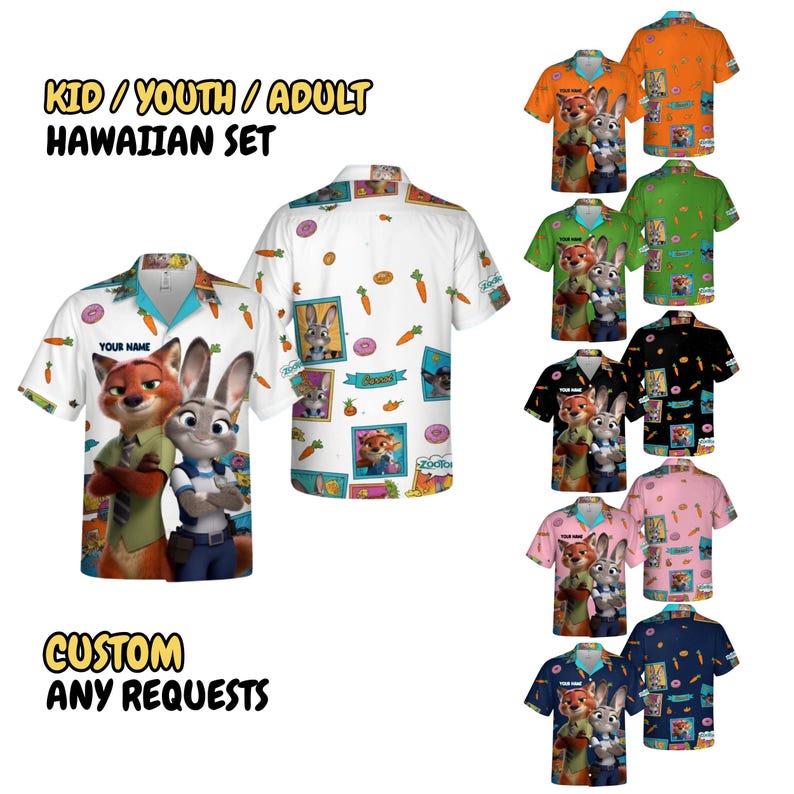 May include: Hawaiian shirts in various colors, featuring cartoon characters. The shirts have short sleeves and a button-down design. The image includes text that reads "Kid / Youth / Adult Hawaiian Set" and "Custom Any Requests."