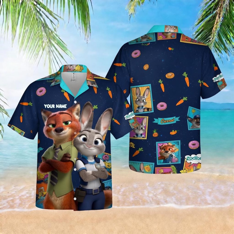 May include: Navy blue short-sleeve button-down shirt featuring cartoon characters and the text "YOUR NAME". The shirt has a tropical theme with images of carrots, donuts, and other characters. The shirt is on a beach background.
