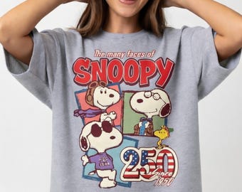 Camiseta con estampado de dibujos animados "Las muchas caras de Snoopy" (250 años desde 1950) - Camiseta vintage de Peanuts - Regalo para amantes de Snoopy - Niños, mujeres y hombres