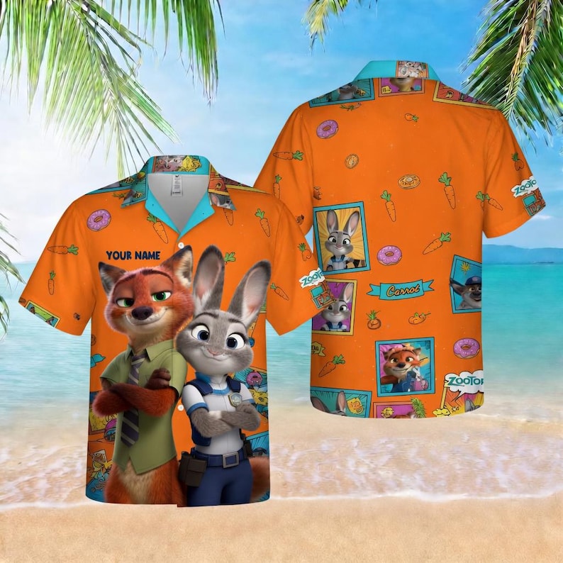 May include: Orange button-up shirt featuring characters from the animated film Zootopia. The shirt has a light blue collar and a repeating pattern of carrots, donuts, and character portraits. The text "YOUR NAME" is printed on the front.