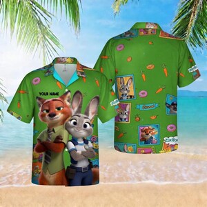 May include: Green button-up shirt featuring characters from Zootopia, including Nick Wilde and Judy Hopps. The shirt has a tropical design with carrots, donuts, and character portraits. The text "YOUR NAME" is visible on the shirt.