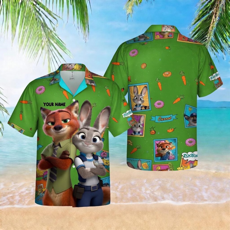 May include: Green button-up shirt featuring characters from Zootopia, including Nick Wilde and Judy Hopps. The shirt has a tropical design with carrots, donuts, and character portraits. The text "YOUR NAME" is visible on the shirt.