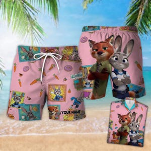 May include: Pink swim trunks featuring cartoon characters, carrots, and donuts. The shorts have a drawstring closure and the text "YOUR NAME". The image also shows a matching shirt and a pair of shorts with the same design. The background is a beach scene.